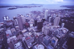 Auckland, New Zealand, as Cook never saw it. He found the bay and the harbour, but he never climbed the Sky Tower.
